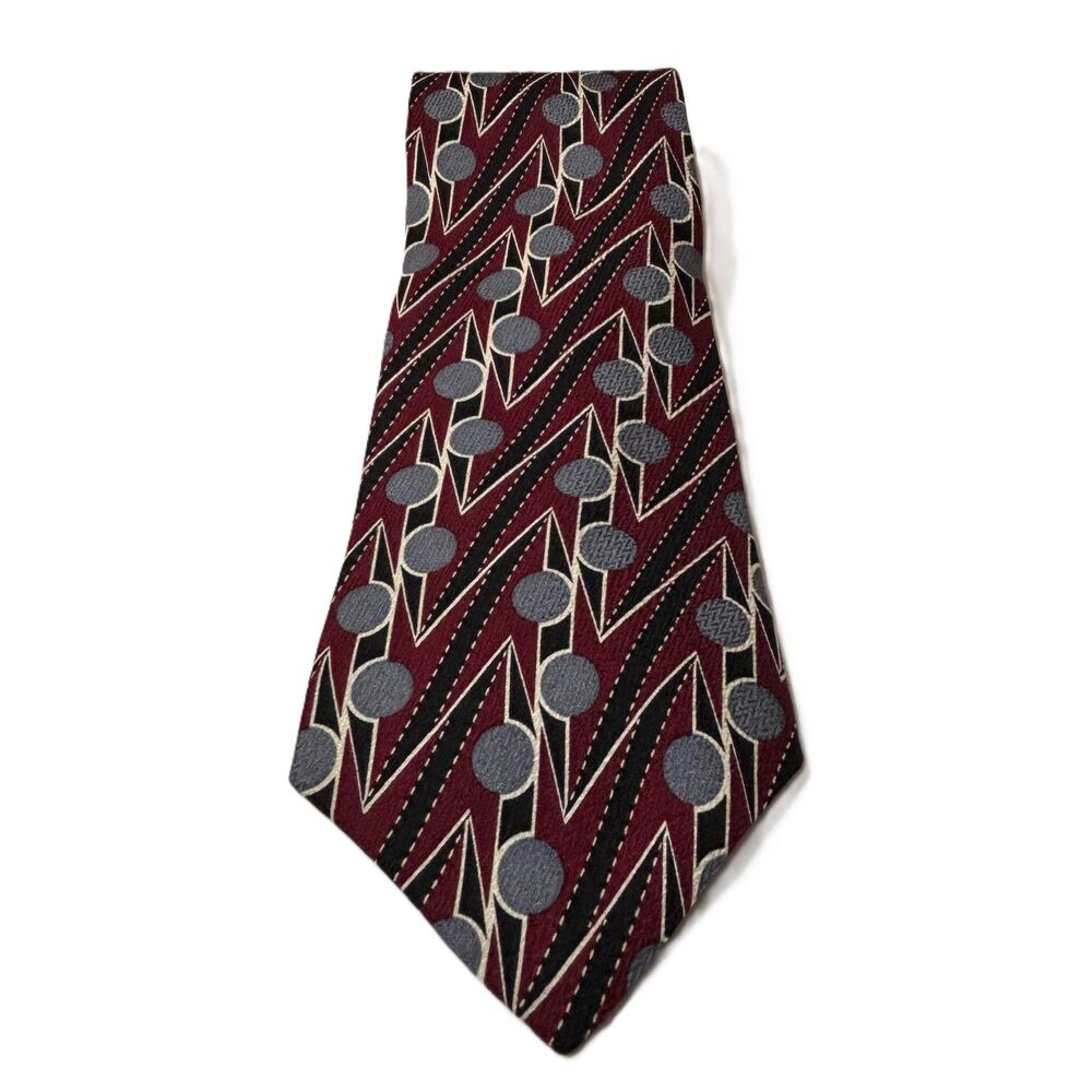 Vintage Deco Mode 90s Silk Tie Burgundy/Black Abstract Geometric Art Deco Motif